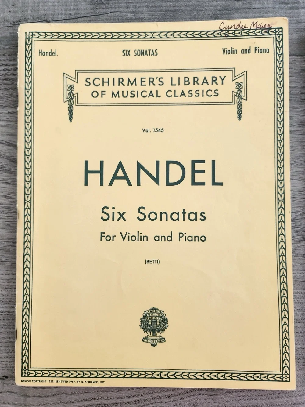 Schirmer Handel Six Sonatas for Violin and Piano  Vol 1545 Sheet Music Classical
